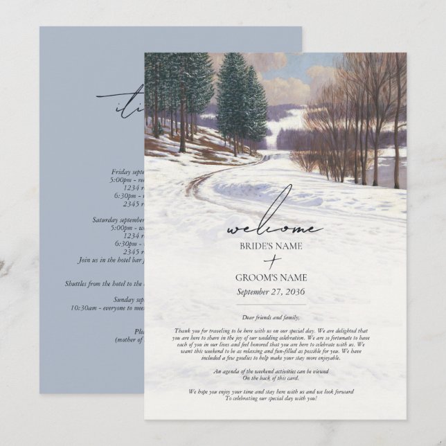 Watercolor Winter Snow Landscape Wedding Itinerary Programme (Front/Back)
