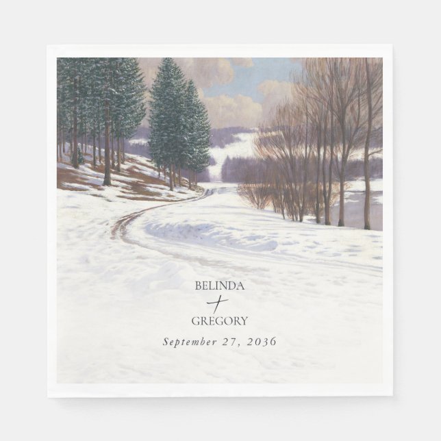 Watercolor Winter Snow Landscape Wedding Napkin (Front)