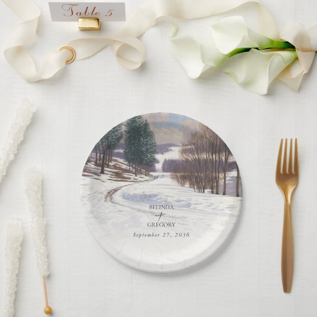 Watercolor Winter Snow Landscape Wedding Paper Plate (Wedding)