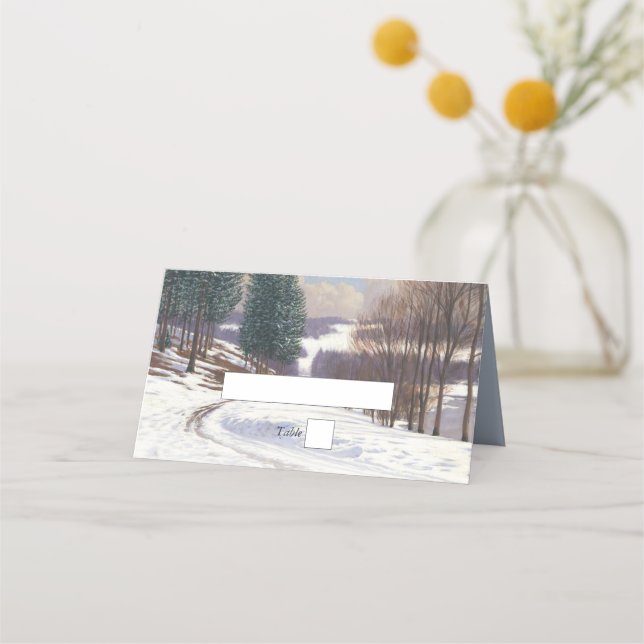 Watercolor Winter Snow Landscape Wedding Place Card (Front)