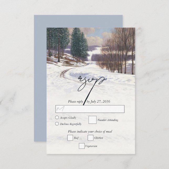 Watercolor Winter Snow Landscape Wedding RSVP Card (Front/Back)