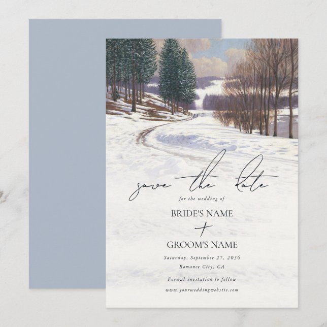 Watercolor Winter Snow Landscape Wedding Save The Date (Front/Back)