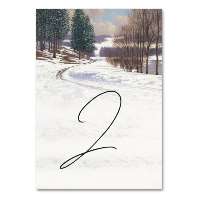 Watercolor Winter Snow Landscape Wedding Table Number (Front)