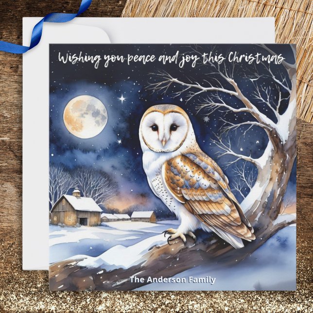 Watercolor Winter Snow Nature Barn Owl Christmas Holiday Card (A Christmas card with picture of a beautiful barn owl in snowy countryside, in a watercolor style)