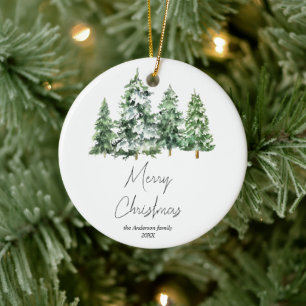 Watercolor Winter Snow Pine Trees Merry Christmas Ceramic Tree Decoration