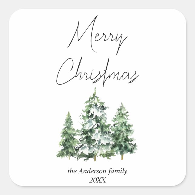 Watercolor Winter Snow Pine Trees Merry Christmas Square Sticker (Front)