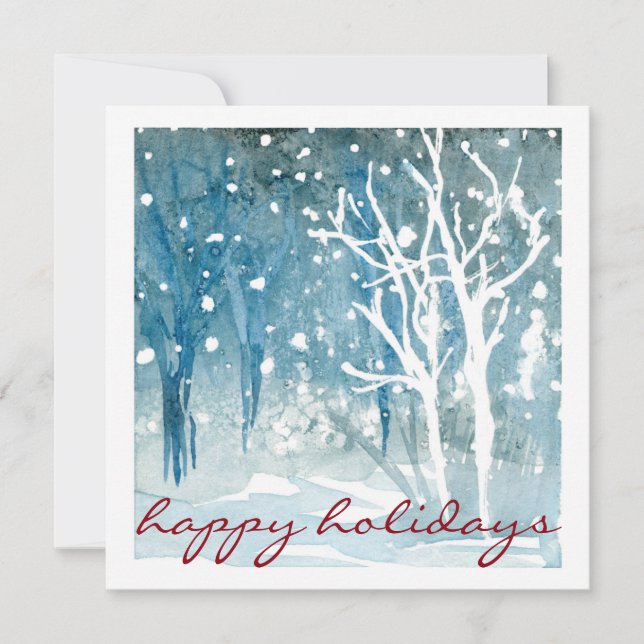 Watercolor Winter Snow Scene Happy Holidays Cards (Front)