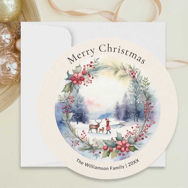 Watercolor Winter Snow Scene Merry Christmas Holiday Card (A round Christmas card with watercolor-style winter scene and customizable name and year)