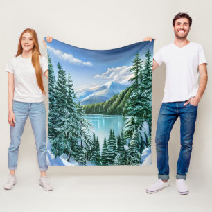 Watercolor Winter Snowfall Lake Mountains Nature Fleece Blanket