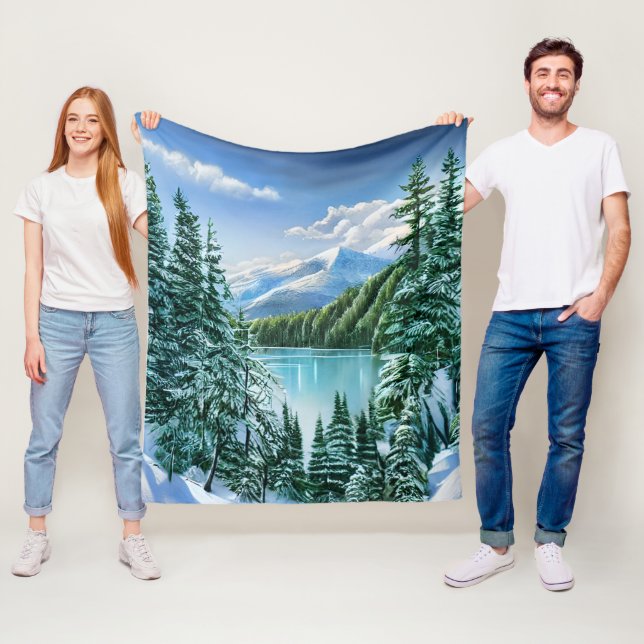 Watercolor Winter Snowfall Lake Mountains Nature  Fleece Blanket (In Situ)