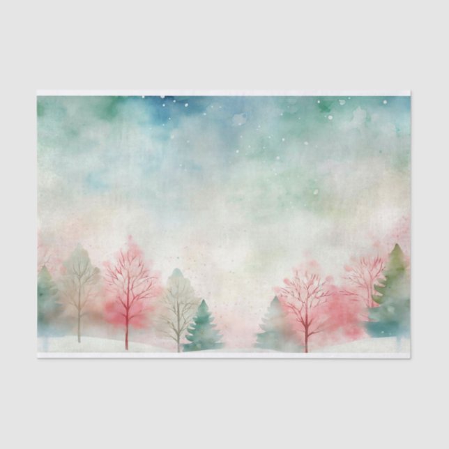 Watercolor Winter Snowing Tree and Sky Pattern Tissue Paper (Front)