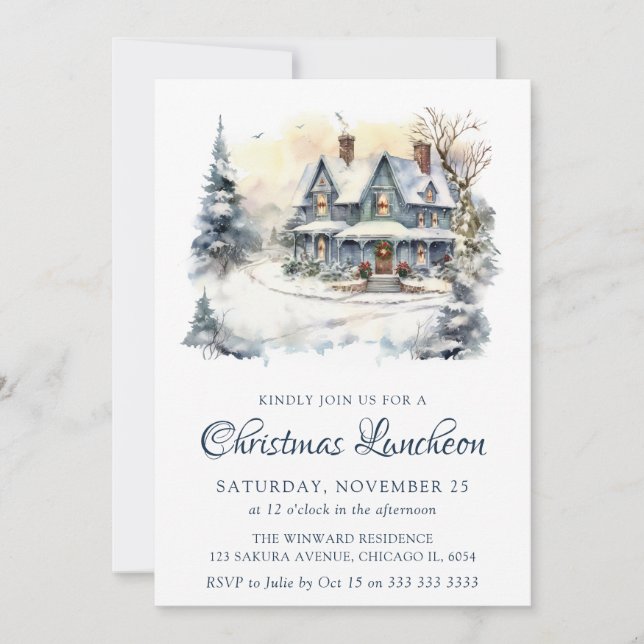 Watercolor Winter Snowy Scene Christmas Luncheon Invitation (Front)