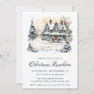 Watercolor Winter Snowy Scene Christmas Luncheon Invitation