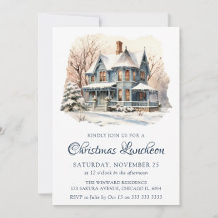 Watercolor Winter Snowy Scene Christmas Luncheon Invitation