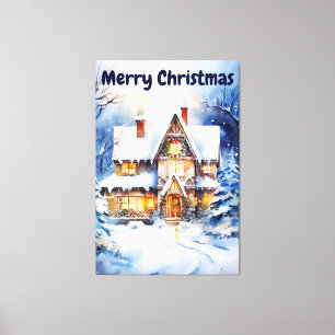 Watercolor Winter Snowy Scenery Christmas House Canvas Print