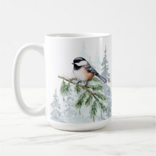 Watercolor Winter Spruce Tree Chickadee Coffee Mug
