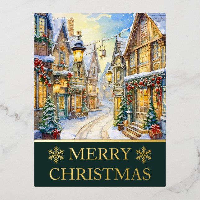 Watercolor Winter Street Scene Christmas Card (Front)