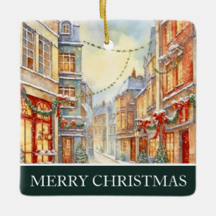 Watercolor Winter Street Scene Christmas Ceramic Ornament