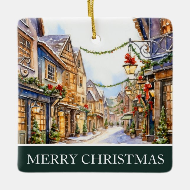 Watercolor Winter Street Scene Christmas Ceramic Ornament (Front)