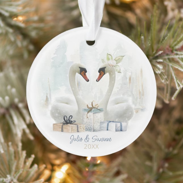 Watercolor Winter Swan Couple  Ornament (Tree)