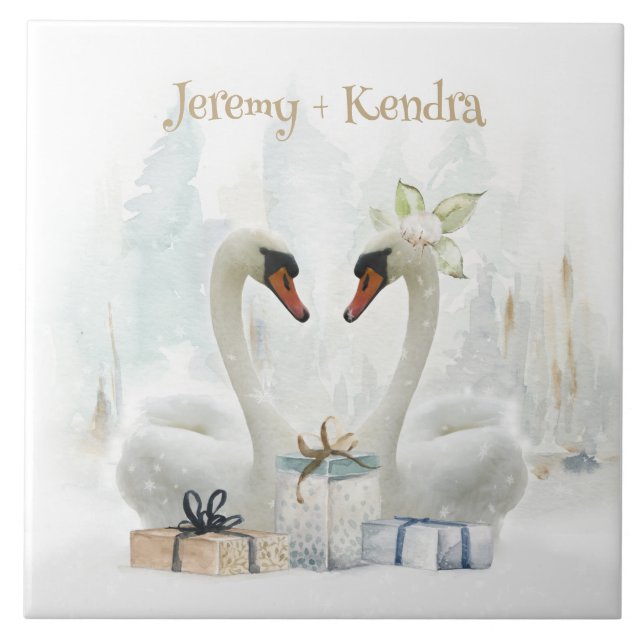 Watercolor Winter Swans Personalised Tile (Front)