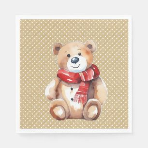 Watercolor Winter Teddy Bear On Polka Dots Napkin