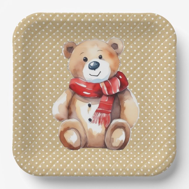 Watercolor Winter Teddy Bear On Polka Dots Paper Plate (Front)