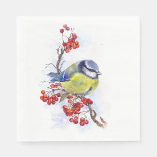 Watercolor winter titmouse bird illustration branc napkin
