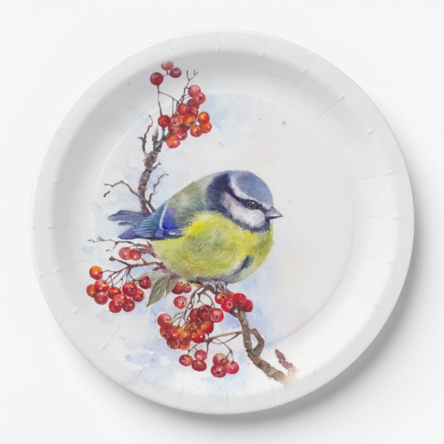 Watercolor winter titmouse bird illustration branc paper plate (Front)