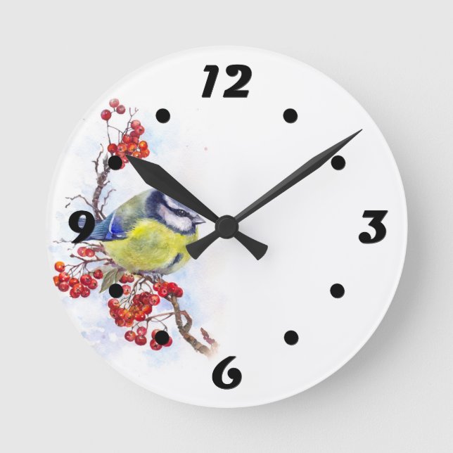 Watercolor winter titmouse bird illustration branc round clock (Front)