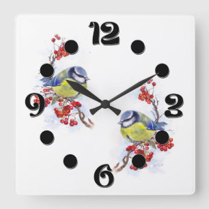 Watercolor winter titmouse bird illustration branc square wall clock