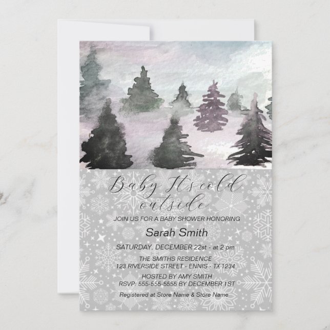 Watercolor Winter Tree Forest Baby Shower  Holiday Card (Front)