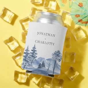 Watercolor Winter tree & Mountain lands Wedding Can Cooler