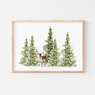 Watercolor Winter Trees and Deer Poster