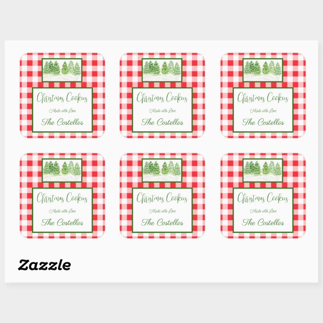 Watercolor Winter Trees Red Check COOKIES Square Sticker (Sheet)