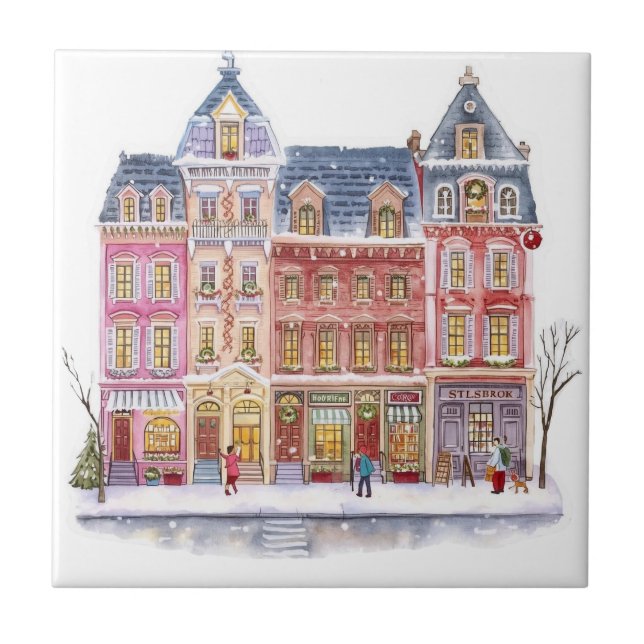 Watercolor Winter Village Christmas Town Tile (Front)