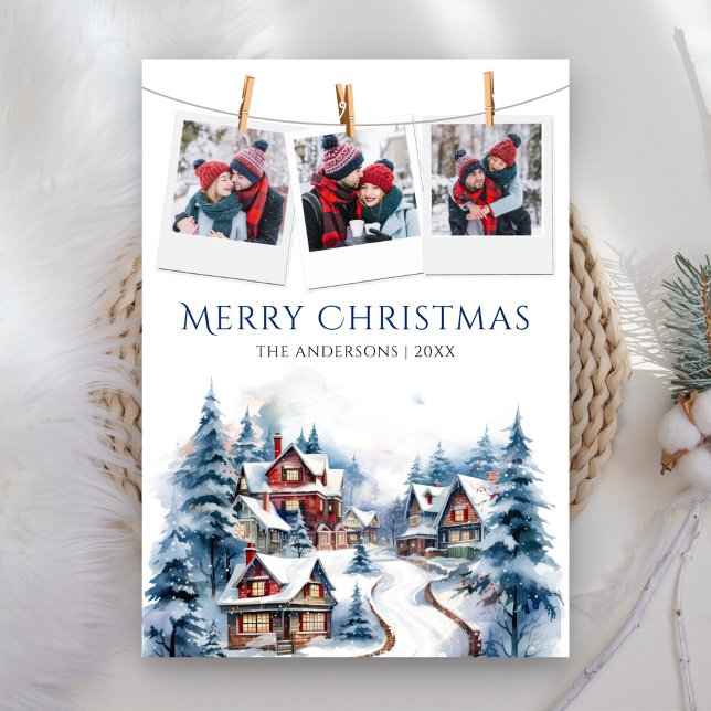 Watercolor Winter Village Photo Collage Christmas Holiday Card (Creator Uploaded)
