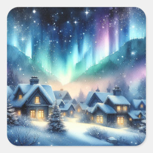 Watercolor Winter Village Snowy Christmas Square Sticker