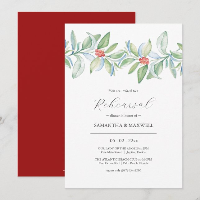 Watercolor Winter Wedding Rehearsal Dinner Invitation (Front/Back)