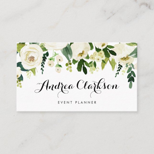 Watercolor Winter White Flowers Garland Business Card (Front)