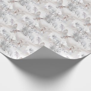 Watercolor Winter White Owl Snow Fox Pattern Wrapping Paper