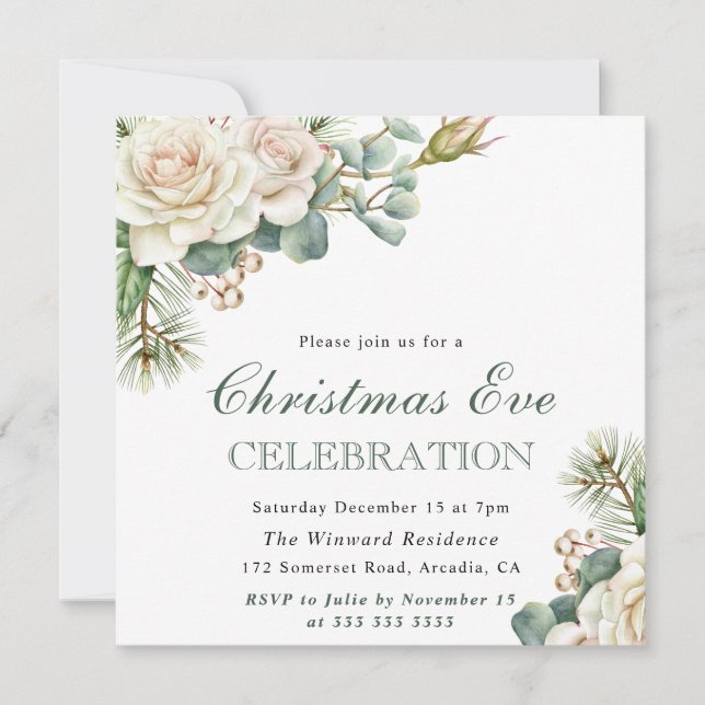 Watercolor Winter White Rose Christmas Eve Invitation (Front)