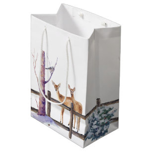 Watercolor Winter Wildlife Birds Snow Scene Medium Gift Bag