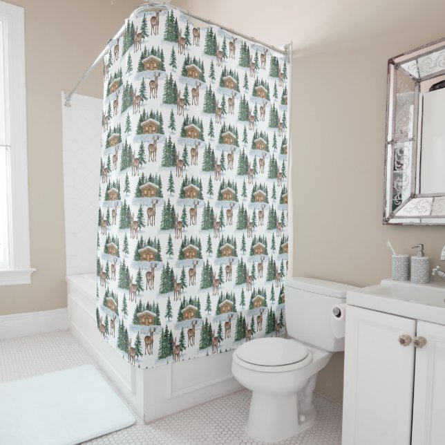 Watercolor Winter Wonderland Rustic Barn Christmas Shower Curtain (In Situ)