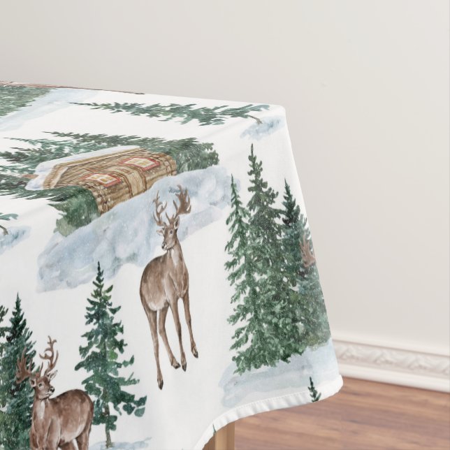 Watercolor Winter Wonderland Rustic Barn Christmas Tablecloth (In Situ)