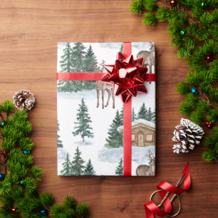 Watercolor Winter Wonderland Rustic Barn Christmas Wrapping Paper