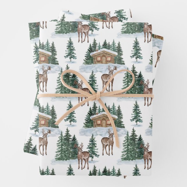Watercolor Winter Wonderland Rustic Barn Christmas Wrapping Paper Sheet (In situ)