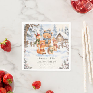 Watercolor Winter Woodland Animals 1st Birthday Napkin