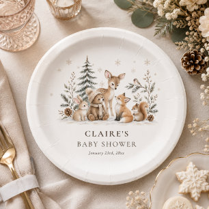 Watercolor Winter Woodland Animals Baby Shower Paper Plate