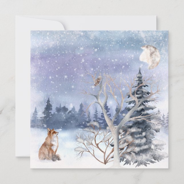 Watercolor Winter Woodland Fox, Owl & Moon Card (Front)